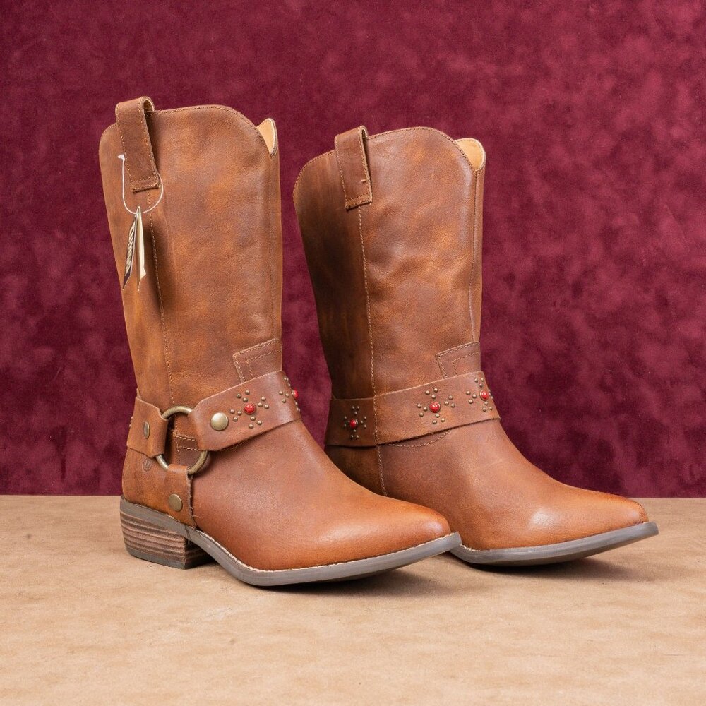 Dingo Women Cognac Leather Harness Western Cowboy Mid Calf Boots sz 8